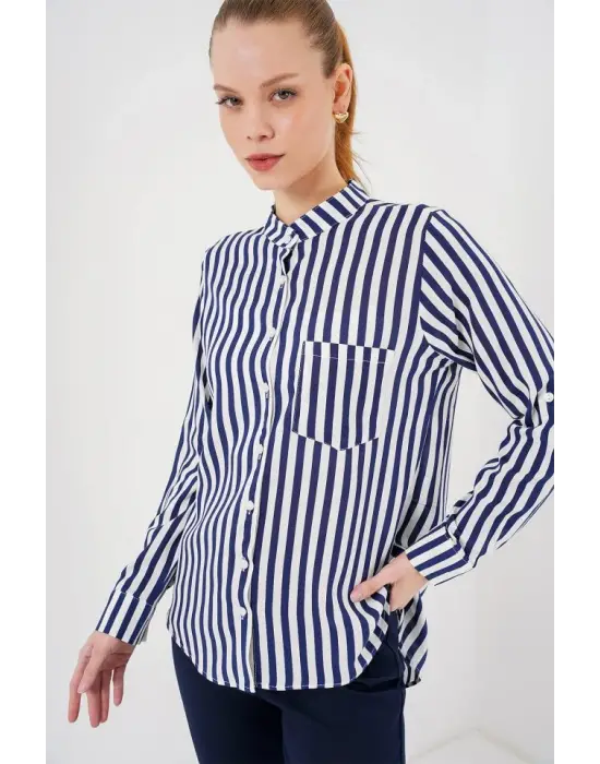 Uzun Kollu Çizgili Gömlek 20283 - Lacivert
