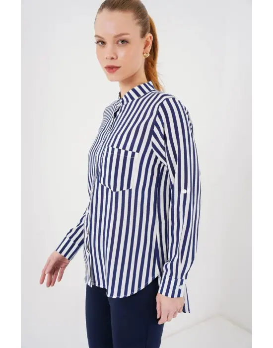 Uzun Kollu Çizgili Gömlek 20283 - Lacivert