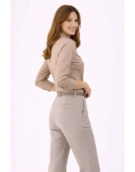 Uzun Kollu Gömlek Düğmeli Klasik Yaka Günlük Ve Ofis Şıklığına Uygun - Bej