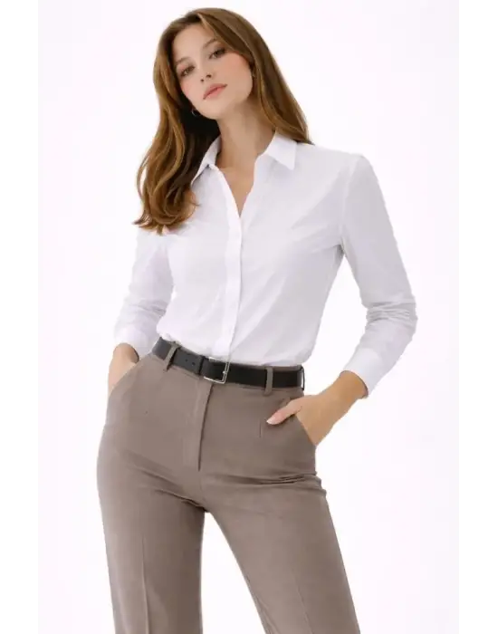 Uzun Kollu Gömlek Düğmeli Klasik Yaka Günlük Ve Ofis Şıklığına Uygun - Beyaz