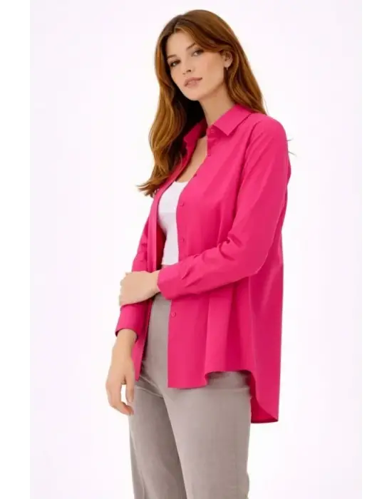 Uzun Kollu Gömlek Düğmeli Klasik Yaka Günlük Ve Ofis Şıklığına Uygun - Fuşya