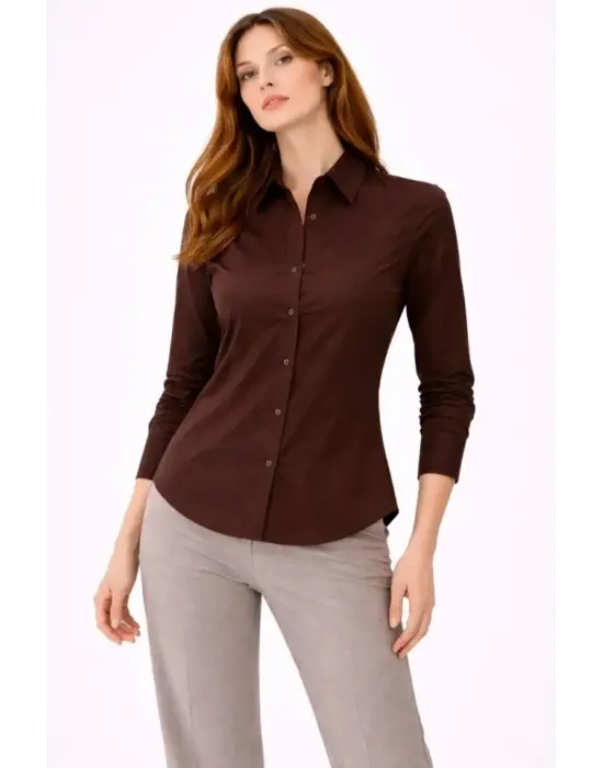 Uzun Kollu Gömlek Düğmeli Klasik Yaka Günlük Ve Ofis Şıklığına Uygun - Kahverengi