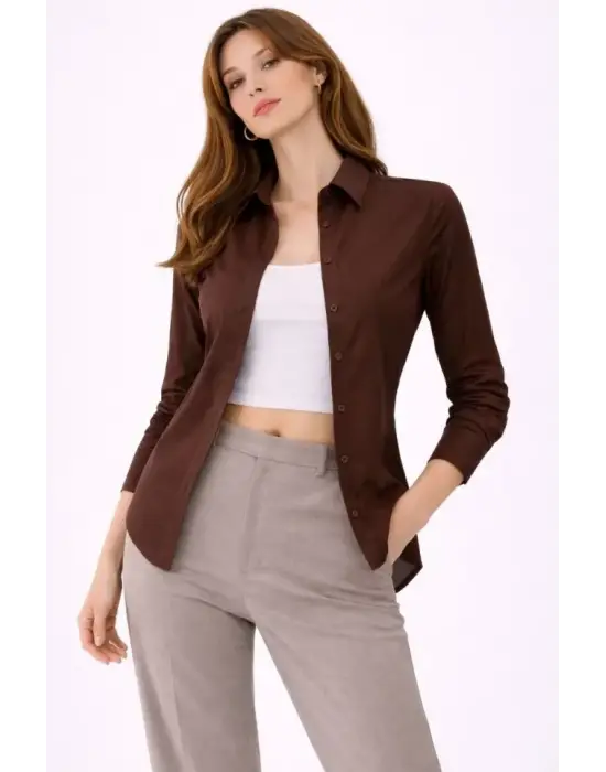 Uzun Kollu Gömlek Düğmeli Klasik Yaka Günlük Ve Ofis Şıklığına Uygun - Kahverengi
