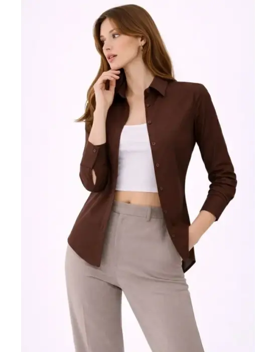 Uzun Kollu Gömlek Düğmeli Klasik Yaka Günlük Ve Ofis Şıklığına Uygun - Kahverengi