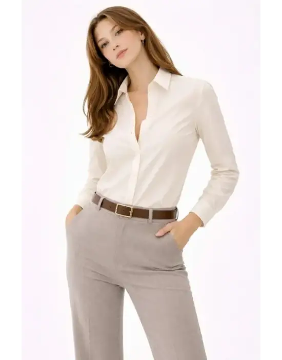 Uzun Kollu Gömlek Düğmeli Klasik Yaka Günlük Ve Ofis Şıklığına Uygun - Krem