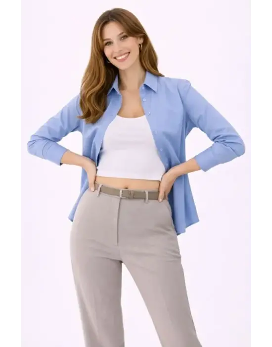 Uzun Kollu Gömlek Düğmeli Klasik Yaka Günlük Ve Ofis Şıklığına Uygun - Mavi