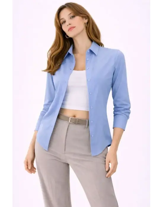 Uzun Kollu Gömlek Düğmeli Klasik Yaka Günlük Ve Ofis Şıklığına Uygun - Mavi