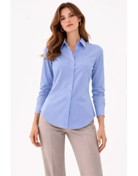 Uzun Kollu Gömlek Düğmeli Klasik Yaka Günlük Ve Ofis Şıklığına Uygun - Mavi