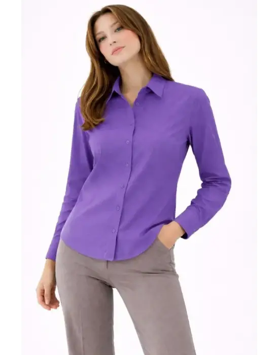 Uzun Kollu Gömlek Düğmeli Klasik Yaka Günlük Ve Ofis Şıklığına Uygun - Mor