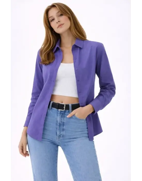 Uzun Kollu Gömlek Düğmeli Klasik Yaka Günlük Ve Ofis Şıklığına Uygun - Mor