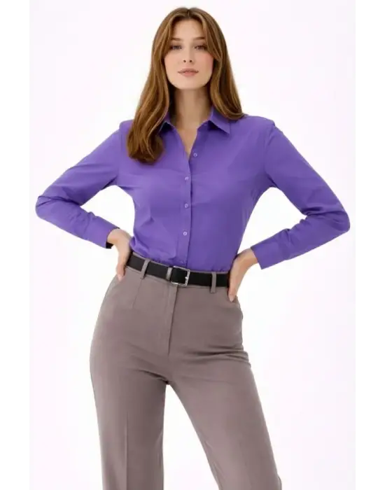 Uzun Kollu Gömlek Düğmeli Klasik Yaka Günlük Ve Ofis Şıklığına Uygun - Mor