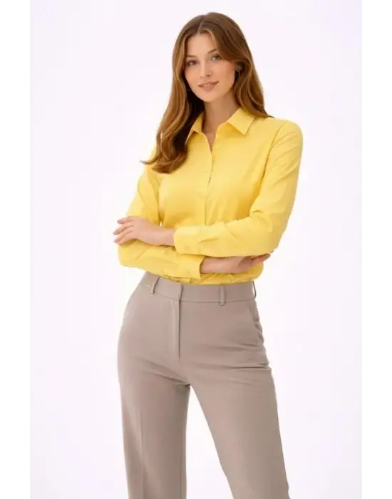Uzun Kollu Gömlek Düğmeli Klasik Yaka Günlük Ve Ofis Şıklığına Uygun - Sarı