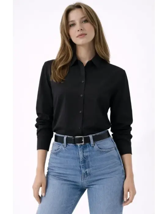 Uzun Kollu Gömlek Düğmeli Klasik Yaka Günlük Ve Ofis Şıklığına Uygun - Siyah