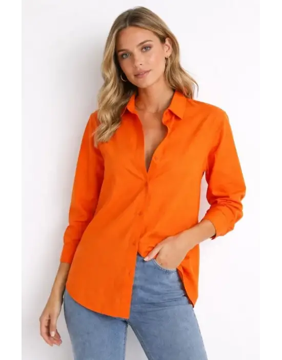 Uzun Kollu Gömlek Düğmeli Klasik Yaka Günlük Ve Ofis Şıklığına Uygun - Turuncu