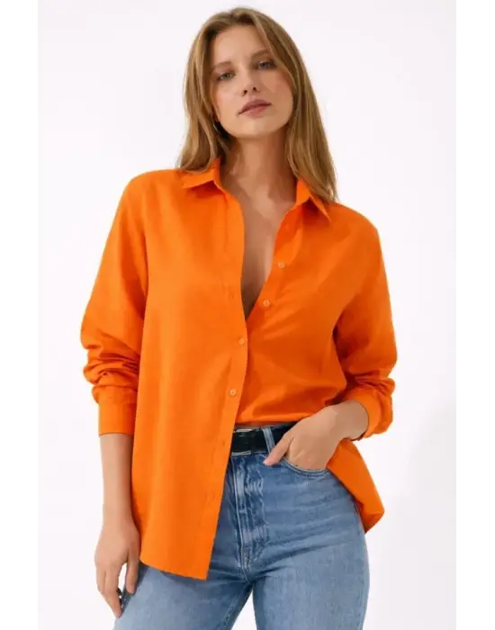 Uzun Kollu Gömlek Düğmeli Klasik Yaka Günlük Ve Ofis Şıklığına Uygun - Turuncu