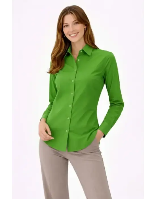 Uzun Kollu Gömlek Düğmeli Klasik Yaka Günlük Ve Ofis Şıklığına Uygun - Yeşil