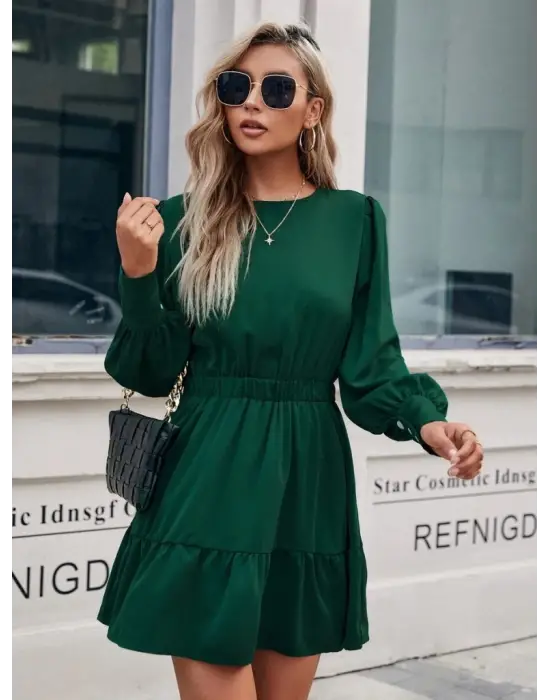 Omarı Uzun Kollu Kadın Fırfırlı Krep Elbise