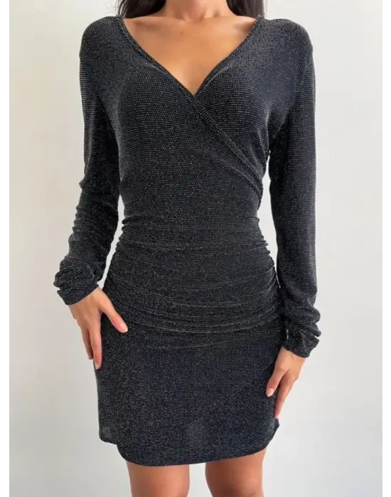 Uzun Kollu Kruvaze Simli Elbise -Siyah