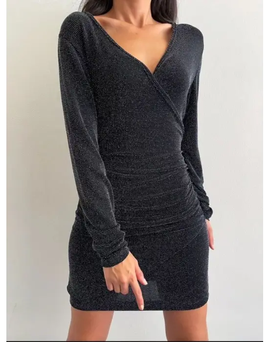 Uzun Kollu Kruvaze Simli Elbise -Siyah