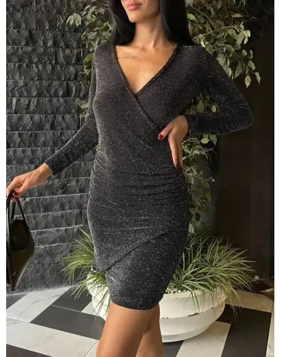 Uzun Kollu Kruvaze Simli Elbise -Siyah