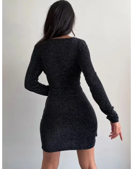 Uzun Kollu Kruvaze Simli Elbise -Siyah