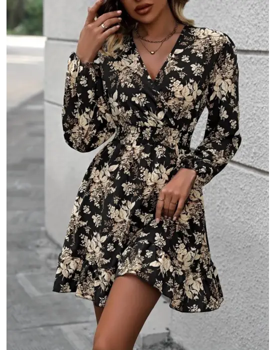 Omarı Zarif Çiçek Desenli Kruvaze Yaka Elbise