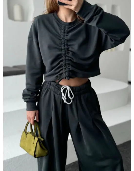 Uzun Kollu Önü İp Büzgülü Crop Ve Pantolon İkili Takım - Antrasit