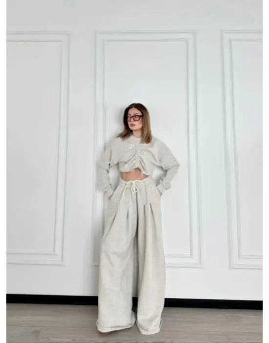 Uzun Kollu Önü İp Büzgülü  Crop Ve Pantolon İkili Takım - Gri
