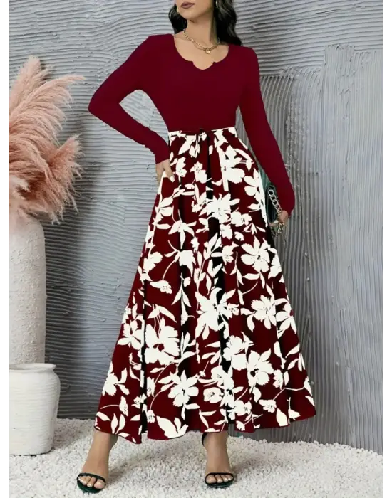 Omarı Şık Kadın Elbise - Çiçek Desenli Uzun Kollu Kaşkorse