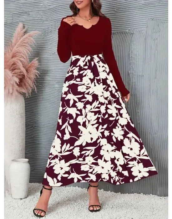 Omarı Şık Kadın Elbise - Çiçek Desenli Uzun Kollu Kaşkorse