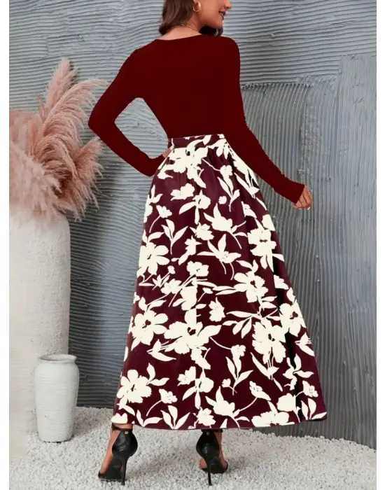 Omarı Şık Kadın Elbise - Çiçek Desenli Uzun Kollu Kaşkorse