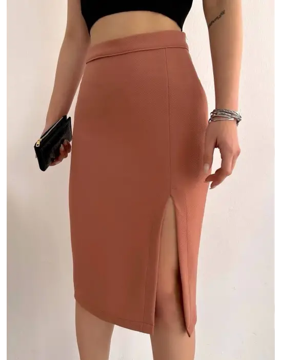 Modern Midi Boy Yırtmaçlı Etek