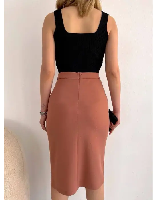 Modern Midi Boy Yırtmaçlı Etek