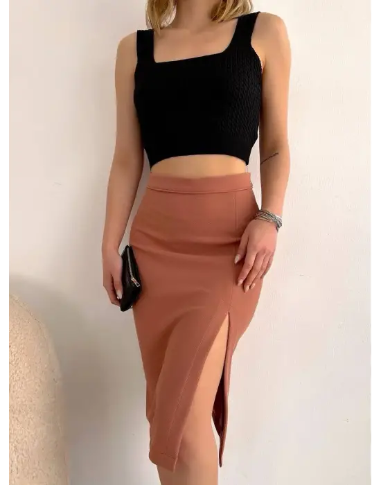 Modern Midi Boy Yırtmaçlı Etek