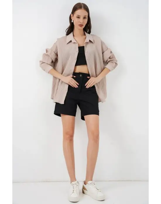 Uzun Oversize Gömlek 20320 - Bej