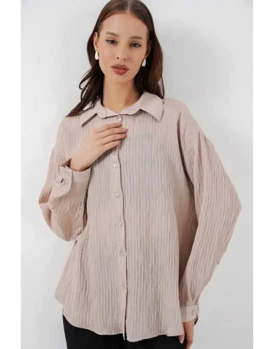 Uzun Oversize Gömlek 20320 - Bej