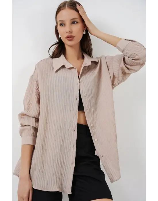Uzun Oversize Gömlek 20320 - Bej