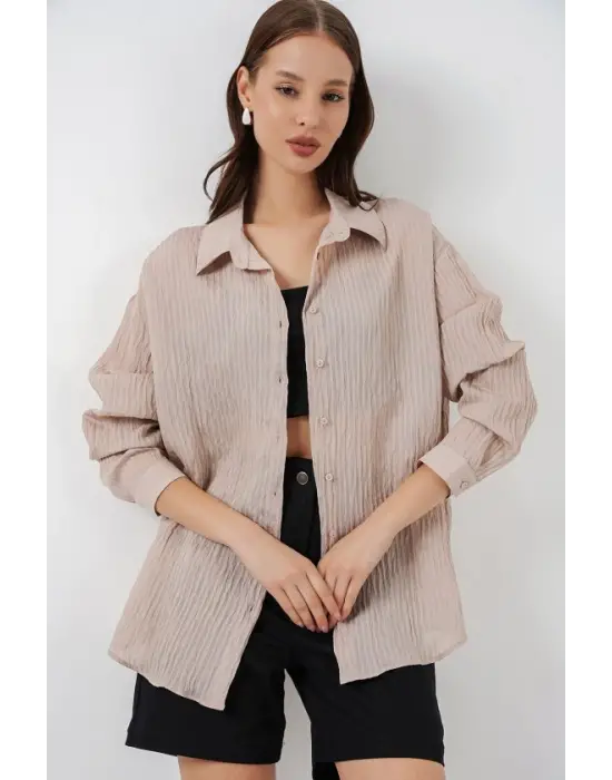 Uzun Oversize Gömlek 20320 - Bej