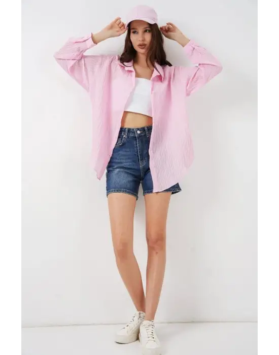 Uzun Oversize Gömlek 20320 - Pudra