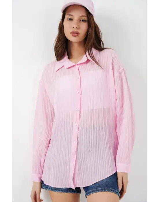 Uzun Oversize Gömlek 20320 - Pudra