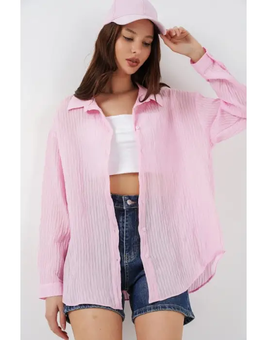 Uzun Oversize Gömlek 20320 - Pudra