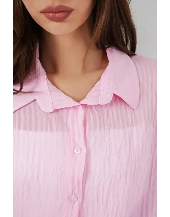 Uzun Oversize Gömlek 20320 - Pudra