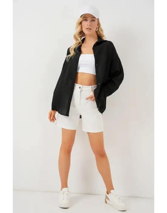 Uzun Oversize Gömlek 20320 - Siyah