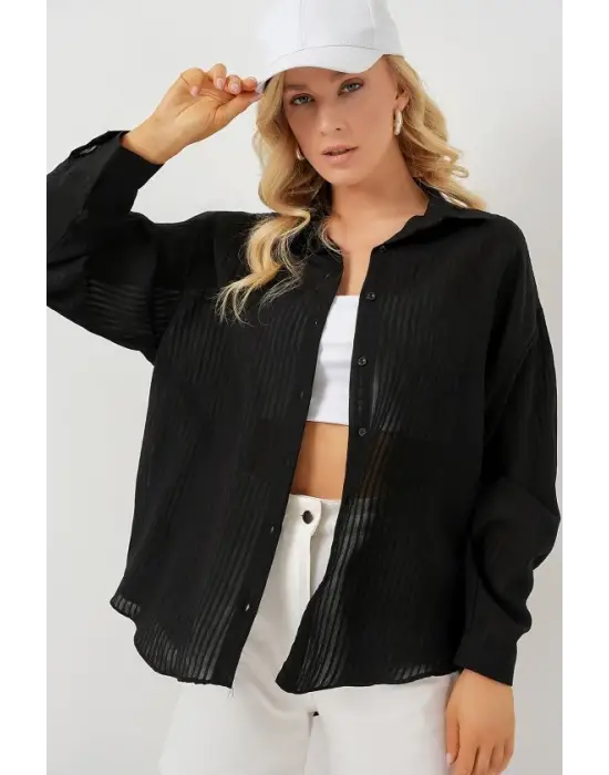 Uzun Oversize Gömlek 20320 - Siyah