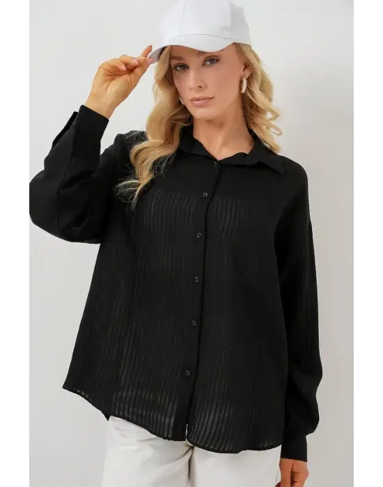 Uzun Oversize Gömlek 20320 - Siyah