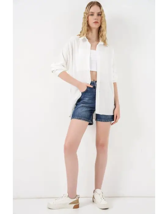 Uzun Oversize Gömlek 20334 - Beyaz