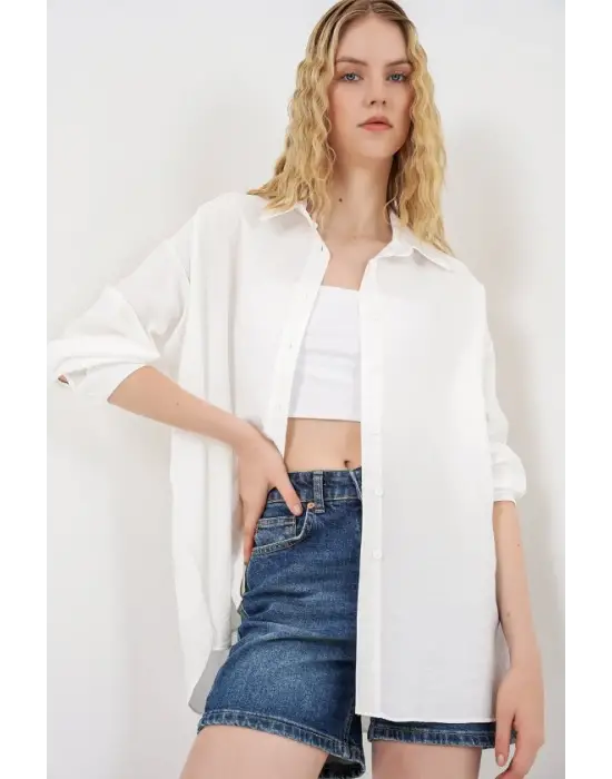 Uzun Oversize Gömlek 20334 - Beyaz