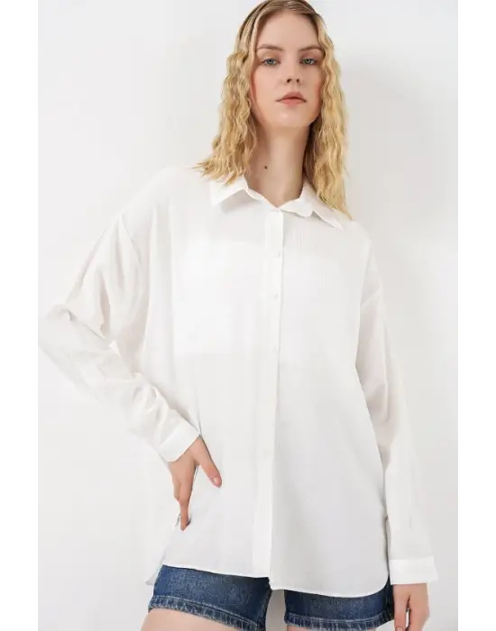 Uzun Oversize Gömlek 20334 - Beyaz
