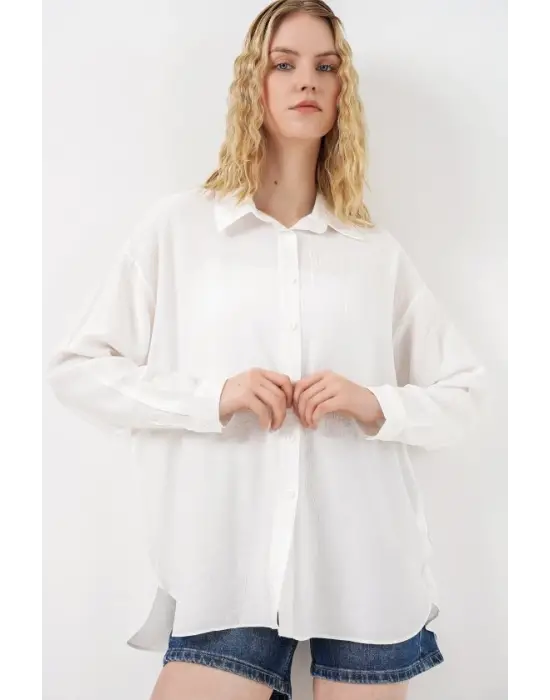 Uzun Oversize Gömlek 20334 - Beyaz
