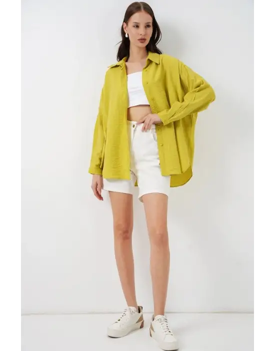 Uzun Oversize Gömlek 20334 - Hardal